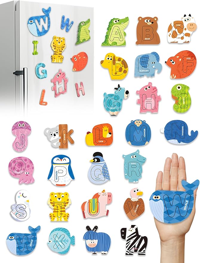 Large Size! Animals Fridge Magnets Alphabet Letters for Toddlers 1-3, 52PCS, ABC Magnets Toys, Magnetic Puzzles and Letters for Associative Memory, Educational Toys for 3 4 5 6, Gift for Boys Girls