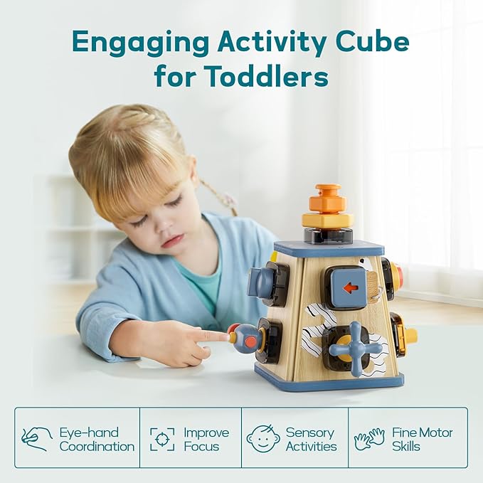 TOP BRIGHT 8 in 1 Wooden Activity Cube, Montessori Toys for 2 Year Old Boy Girl Toddlers, Busy Board for Fine Motor Skills, Education Learning Sensory Development Birthday Gift 18 Months Girl Boy