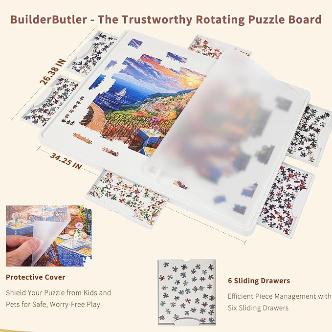 Rotating Puzzle Board for 1500 Pieces with 6 Sliding Drawers and Cover – 360° Lazy Susan Spinning, 34.25"x26.38" Portable Plastic Puzzle Table, Christmas Gift for Mom