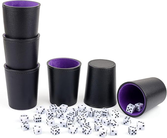 Felt-Lined PU Leather Dice Cup Set, 6 Quiet Dice Shaker Cups with 36 Dices for Bar Party Yahtzee Farkle Dice Games, Purple