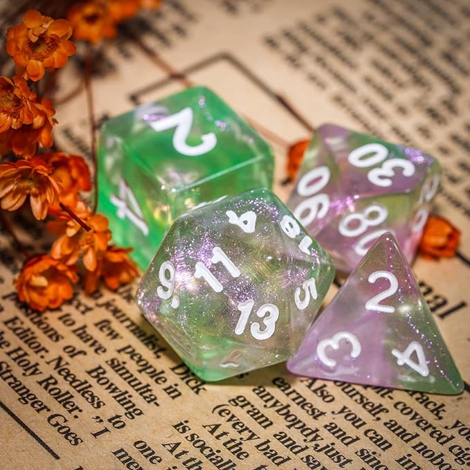 7-Die DND Dice Set Polyhedral Dice Set with a Leather Dice Bag, D&D Dice Set for Dungeons and Dragons, RPG, MTG Table Games (Green Pink/Glitter)