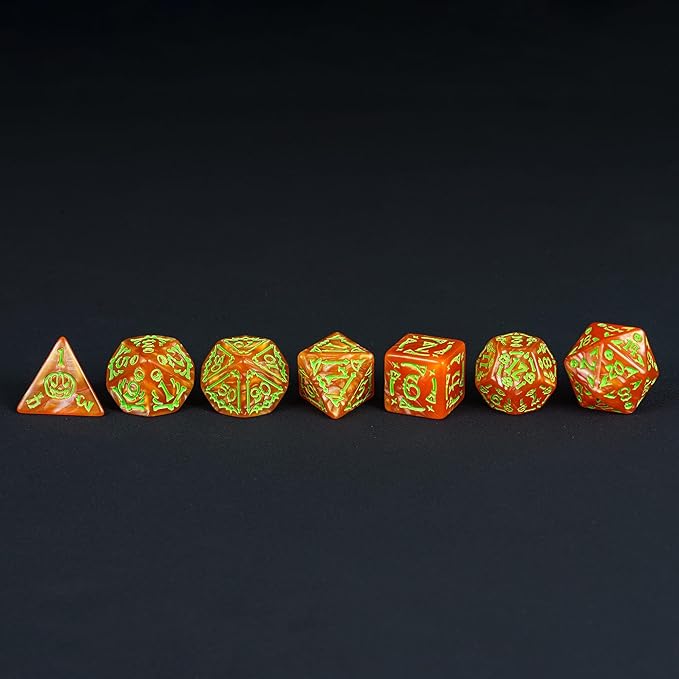 7-Die DND Dice Set Halloween Pattern Polyhedral Die Set with Leather Bag, Skull Dice D&D Die for Dungeons and Dragons RPG Table Games(Halloween Pattern-Orange/Green Number)
