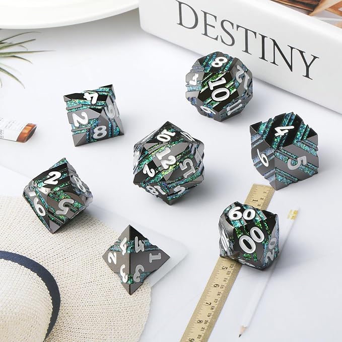 Stripe D&D Dice,DNDND Metallic Glitter Stripes Dice with Gift Metal Box for Dungeons and Dragons Tabletop Game (Green Stripes)