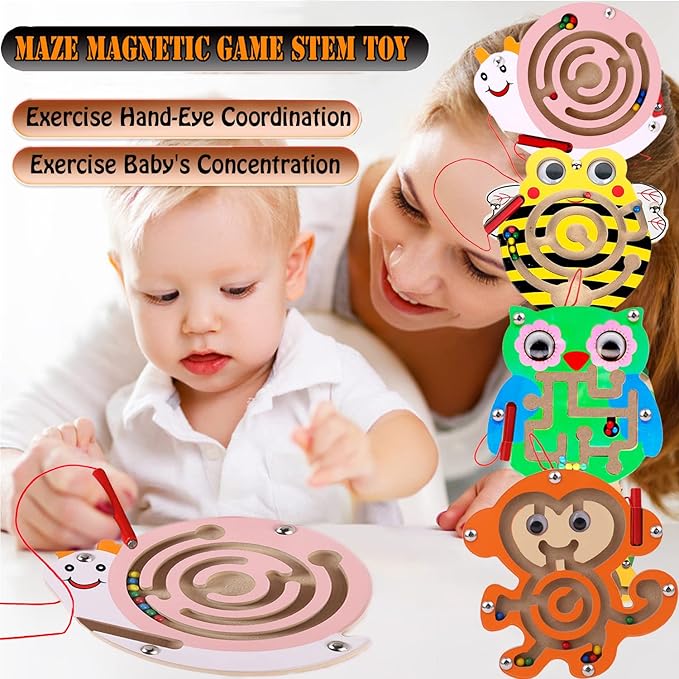 Wooden Maze Toys,1 Pack Maze Puzzle Game Montessori Labyrinth STEM Activity Puzzle Fine Motor Skill for 3 4 5 and 6 Year Old (Owl)