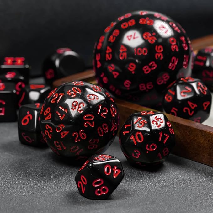 15 Pieces Complete Polyhedral DND Dice Set D3-D100 Spherical D&D Dice Set with Dragon Eye Dice Bag, D100 Dice for Dungeons and Dragons, RPG, MTG Table Games(Black w/Red Numbers)