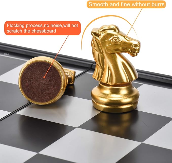 3 in 1 Magnetic Chess Checkers Backgammon Board Game Set with Folding Board Travel Games for Kids and Adults (Chess: Gold & Silver)