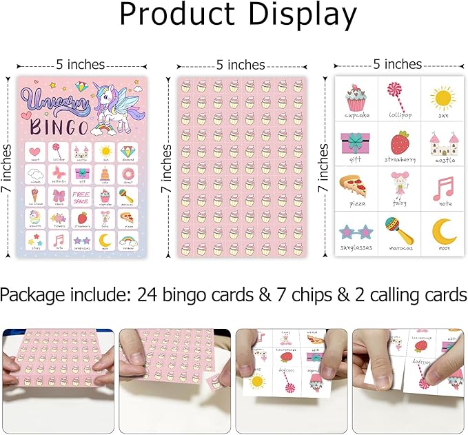 Ziyouza Rainbow Unicorn Bingo Game Cards, 24 Players Games for Unicorn Theme Birthday Party Outdoor Family Party Trip Activity