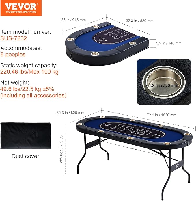 VEVOR Foldable Poker Table for 8 Player, Blackjack Texas Holdem Table with Padded Rails and Stainless Steel Cup Holders, 72" Oval Casino Leisure Table,Blue,Portable Folding Card Board Game Table