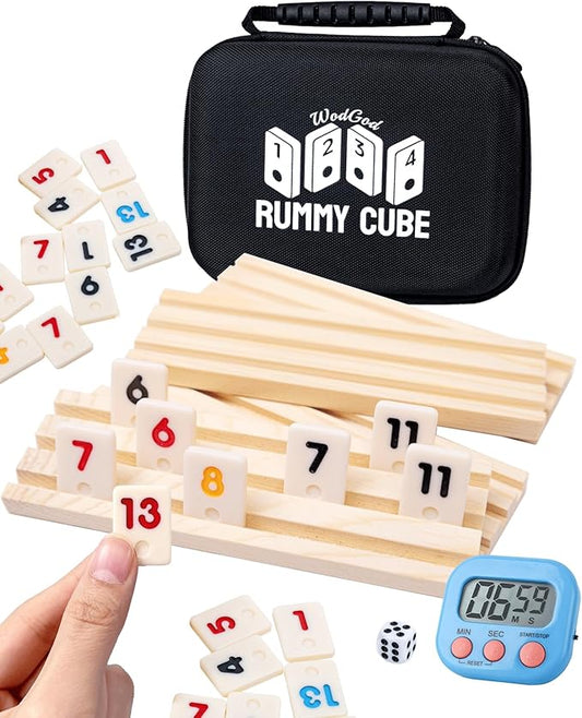 4 Player Travel Rummy Cube Game Set, Travel Size Rummy Cube Game, Mini Rummy Cube Game with 106 Mini Tiles,4 Racks,1Timer,1 Portable Case for Family Classic Party Game