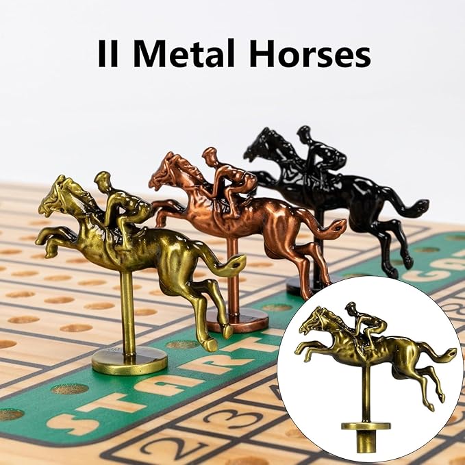 Horse Race Board Game, Horse Racing Board Game with 11 Luxury Metal Horses, 4 Dice, 2 Boxes of Cards, and Thickened Wood Horse Race Game Board