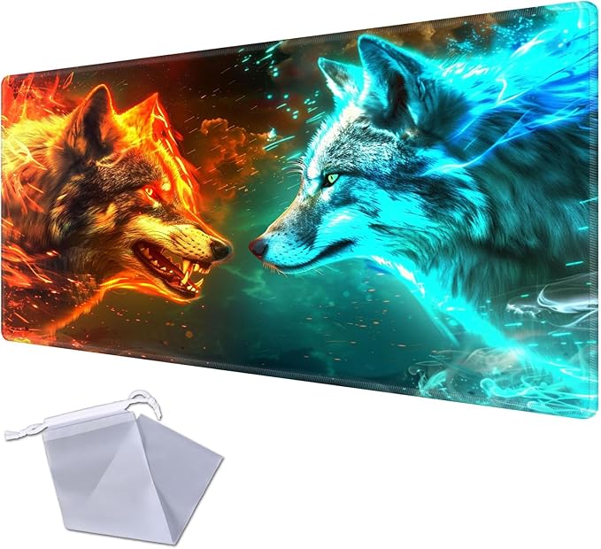 for MTG Playmat for Trading Card Games, Non-Slip Rubber Smooth Surface with Stitched Edges, Durable Desk Pad for Card Games, Custom Anime Playmat, Wolf Head in Fire Ice Blue