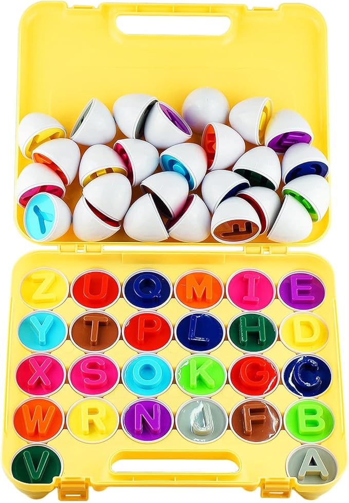 Dimple 26 ABC Alphabet Egg Matching Toy Play Matching Eggs Easter Toy w/Holder - Egg Toys for Toddlers STEM Colors & Shapes Recognition for Kids Educational Color Sorting Toy Eggs