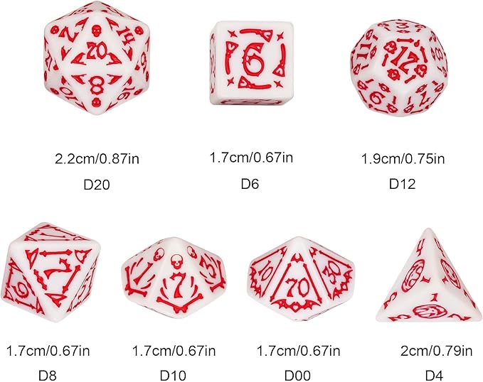 7-Die DND Dice Set Halloween Pattern Polyhedral Dice Set with Leather Bag, Skull Die D&D Die for Dungeons and Dragons RPG Table Games (Halloween Pattern-White/Red Number)