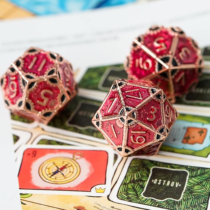 UDIXI Metal DND Dice Set, 7-Die Polyhedral D&D Dice Set for Dungeons and Dragons Role Playing Game, d and d (Red Copper-Red Black)