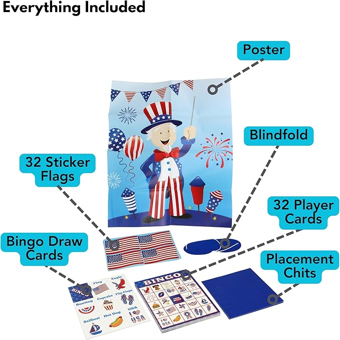 Iconikal 32 Player Bingo Game Set, Patriotic 4th of July Games with Extra Pinning Game