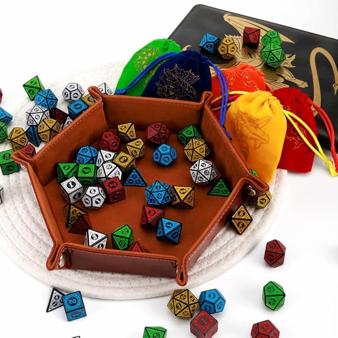 DND Dice Set 35 Pcs Polyhedral Dungeons and Dragons Rolling Dice for D&D RPG MTG Table Games Dice Bulk with Colorful Drawstring Bags and Dice Tray (Retro)