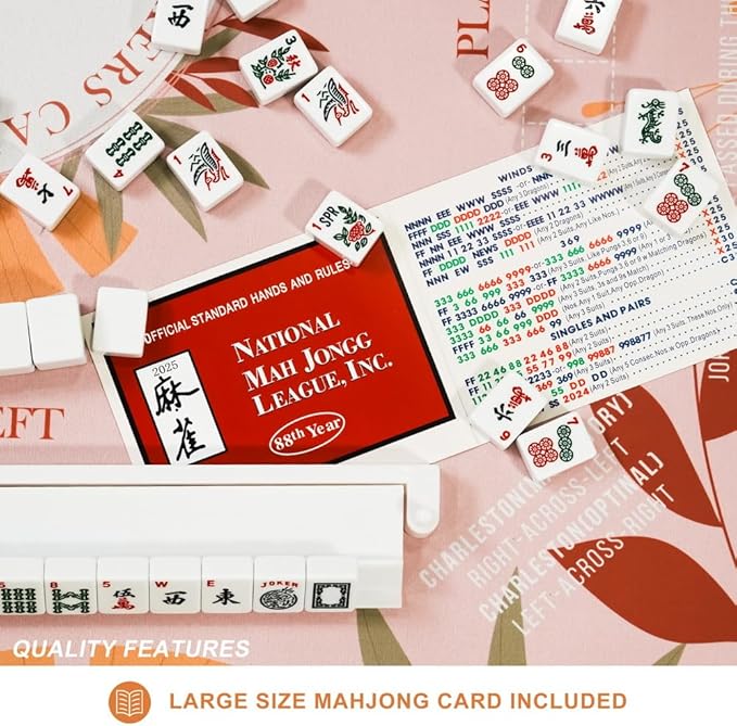 Mahjong Mat with Rules Instructions for Table,Non-Slip and Silent,32"×32" Comes with 2 Wooden Dice and 1 Coral Velvet Mahjong Mats Storage Bag & 4 Mahjong Rules Cards (Pinky)