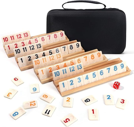 2-4 Players Rummy Cube Board Games Set with 4 Wooden Racks, 106 Tiles, Portable Case and Dice, for Family Friends Games Night Gifts Travel Party Games Sharpens Brain Game