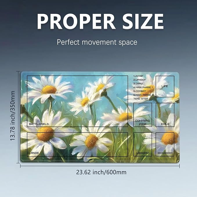 MTG Playmat Size 23.6x13.8in with Storage Bags Portable Playmat TCG and Board Game Mat for Cards Rubber Base Slip-Resistant Mousepad Desk Mat (White Chrysanthemum,with Zone)