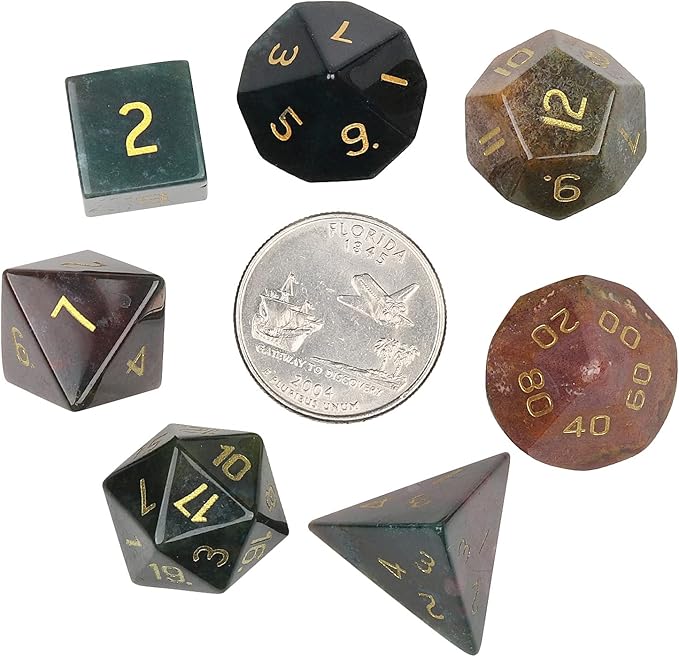 TUMBEELLUWA Engraved Crystal Stone Polyhedral Dice Set for RPG MTG Dungeons and Dragons Table Game 7 Pieces DND Board Game Dices with Pouch, Indian Agate