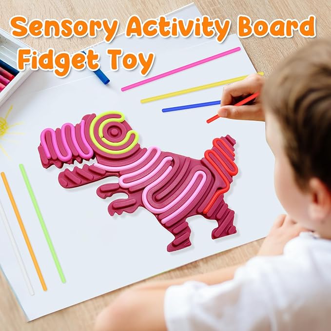 Dinosaur Sensory Activity Board for Kids, Double-Sided Silicone Fidgets Toys - Silent, No Mess, for Calming, Stress Anxiety, ADHD&Autism - Includes Portable Travel Bag & 10 Strings, Purple