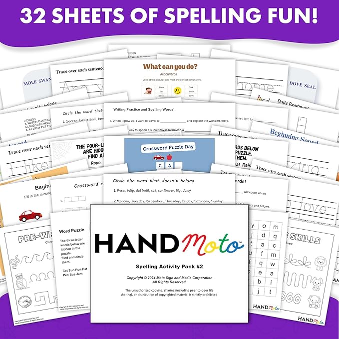 HandMoto Spelling Activity Pack 2 - Use Our Spelling Games for Kids to Make Learning Fun - Improve Word Recognition & Vocabulary Skills with Our Whiteboard Spelling Toy