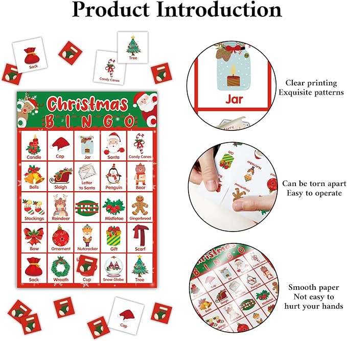 Christmas Bingo Game, Christmas Bingo Games for Family, 24 Players Bingo Cards, Holiday Xmas Activities for Family, Large Group Bingo Supplies Family Party Game -08