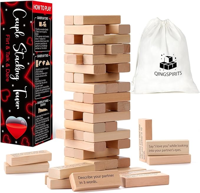 Super Fun Couples Tumble Tower Game for Grown Ups, 54pcs Exciting Date Night Stacking Wooden Blocks Talking Challenge Dare Romantic Anniversary Games for Your Partner, Only Adults 17+