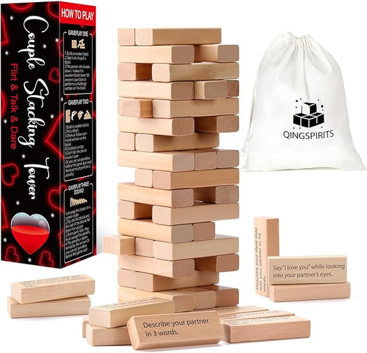 Super Fun Couples Tumble Tower Game for Grown Ups, 54pcs Exciting Date Night Stacking Wooden Blocks Talking Challenge Dare Romantic Anniversary Games for Your Partner, Only Adults 17+