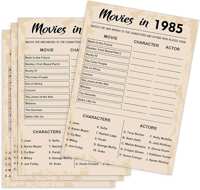 40th Birthday Party Games, Movies in 1985 Games, Birthday Party Supplies for Adults, Fun 1985s Party Game，Pack of 30 Cards