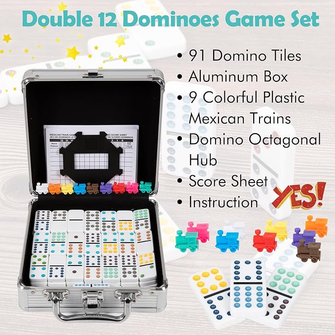 DAILYLIFE Mexican Train Dominoes Set, Double 12 Dominoes Set with Portable Case, 91 Tiles Colored Dominos Set for Adults, Mexican Train Games for Family Night, Travel, Party