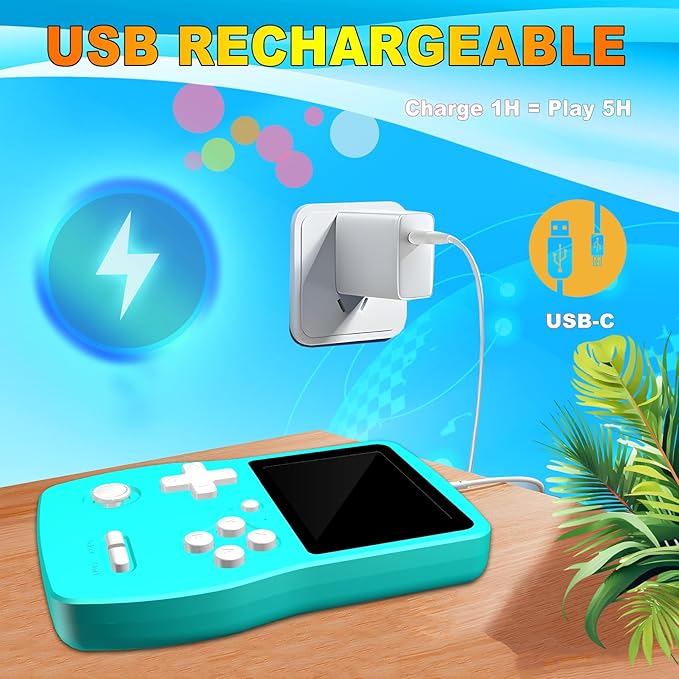32 Bit Handheld Games for Kids,3.0'' IPS Screen and Built in 139 Video Games,Rechargeable Portable Electronic Gaming System Toys for Ages 4-14,Boys Girls Xmas Birthday Gift (Cyan)
