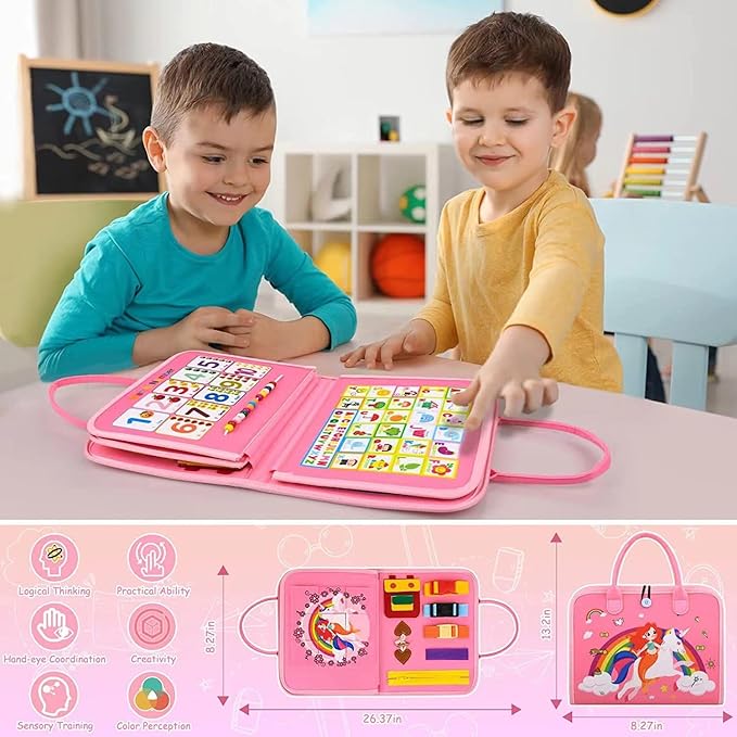 Busy Board for Toddler Girls 1 2 3 4 Montessori Busy Book Sensory Learning Toys for Girl and Boys Preschool Toys Birthday Gift (Pink)