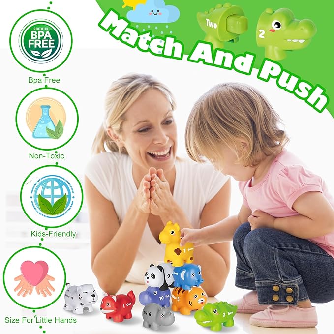 Learning Toys for 2 3 4 Year Old, 20 Pcs Number Matching Game with Digital English, 10 Different Animal Figures, Preschool Activities Montessori Fine Motor Toys for Toddlers Kids