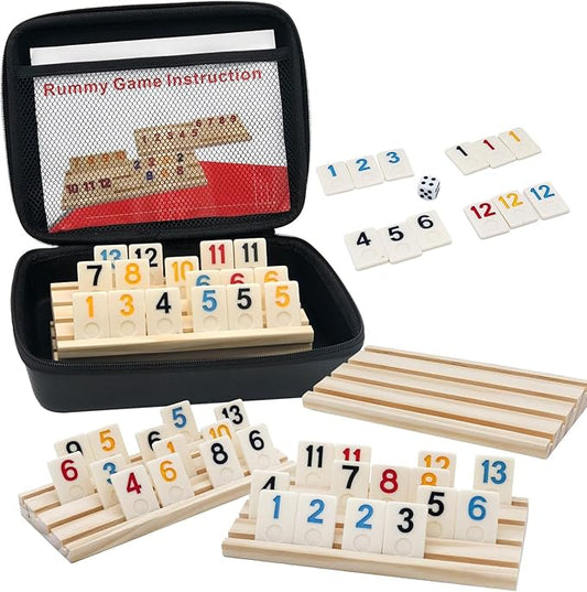 Rummy Game with 4 Wooden Racks/Trays, Rummy Cube with Portable Case 106 Tiles Travel Set with 4 Tiles Holders,Okey Game for 2-4 (Rummy Cube 4 Player Edition)