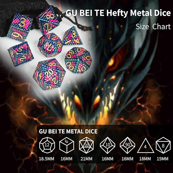 Metal DND Dice Set,Colorful Dragon Scales DND Dice 7-pcs Metal Polyhedral Dice Set for Dungeons and Dragons RPG MTG Table Games