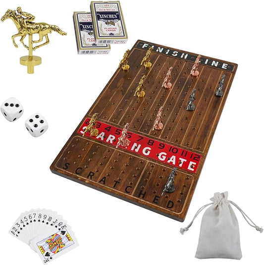 Horse Racing Board Game Comes with 11 Luxurious Metal Horses,2 Dice and 2 Boxes of Cards Solid Wood Horse Racing Board Color Box Packaging Finish Line Game Horse Racing Set (Burnt Color-Medium Size)