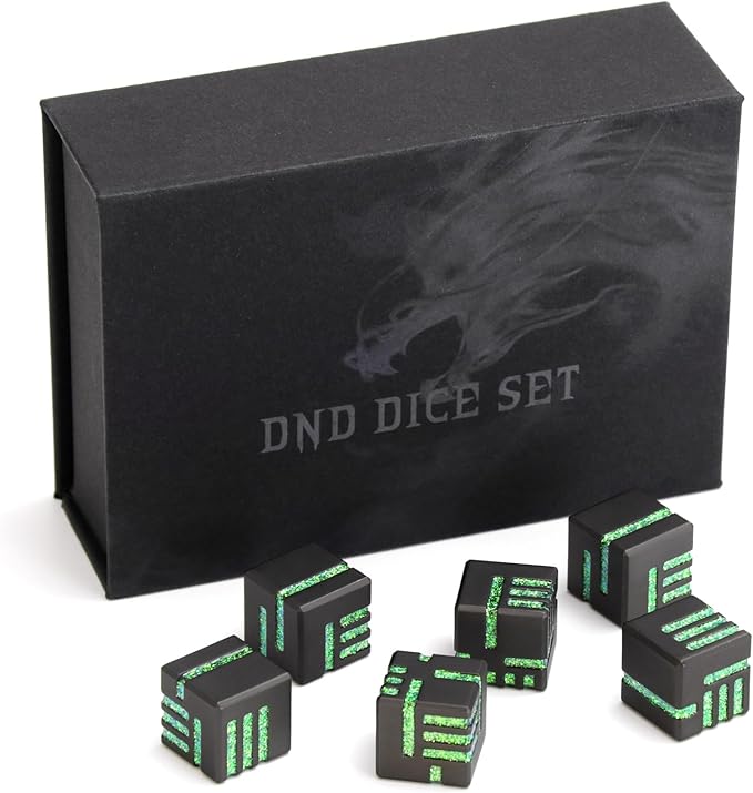D6 Dice Set of 6 Pcs 16mm, Cool Fancy 6 Sided Dice Great Metal D6 for DND RPG Dungeons and Dragons (D6 Matte Black & Glitter Green)