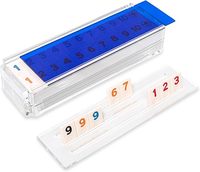 Luxury Rummy Tile Set Game in Handmade Acrylic Case with 4 Racks Included (Blue)