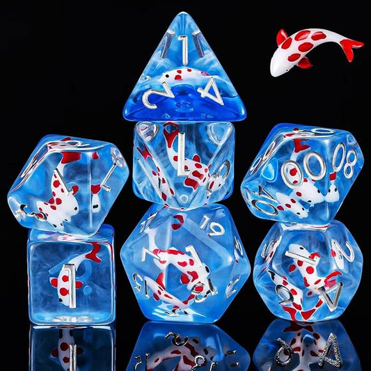 Red Fish Resin D&D Dice Set, Polyhedral Dice for Dungeons and Dragons Role Playing Games (D20, D12, D10, D8, D6, D4)