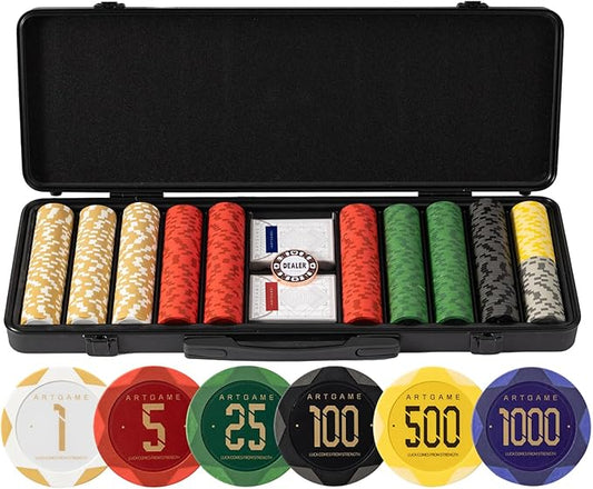 ARTGAME 14g Clay Poker Chips Set for Texas Hold’em, 500 PCS [with Numbered Values] with Chip Case, Bright Colored Chips are Easy to Distinguish Ideal Gifts for Poker Players