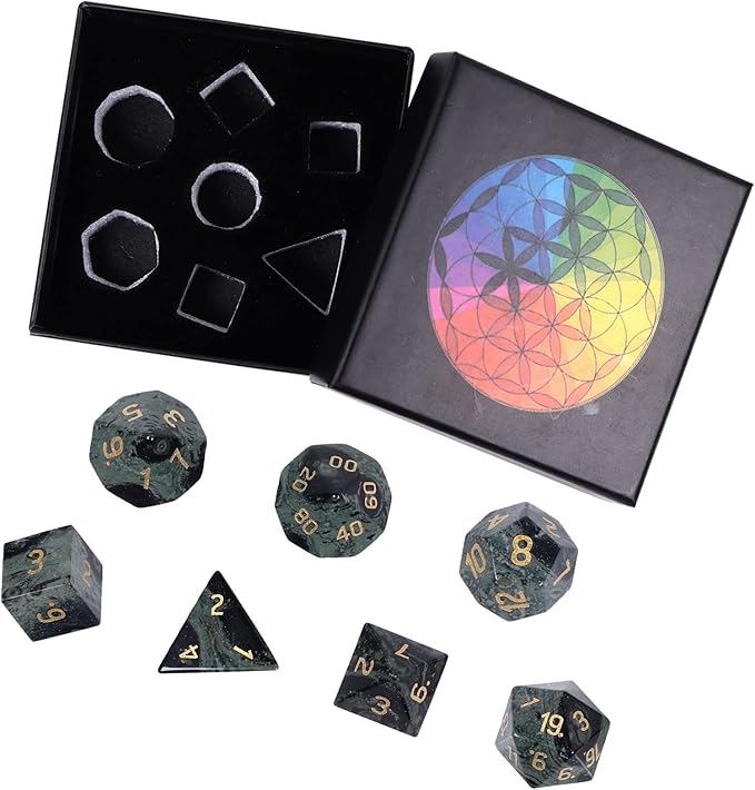 TUMBEELLUWA Engraved Crystal Stone Polyhedral Dice Set for RPG MTG Dungeons and Dragons Table Game 7 Pieces DND Board Game Dices with Pouch, Kambaba Jasper