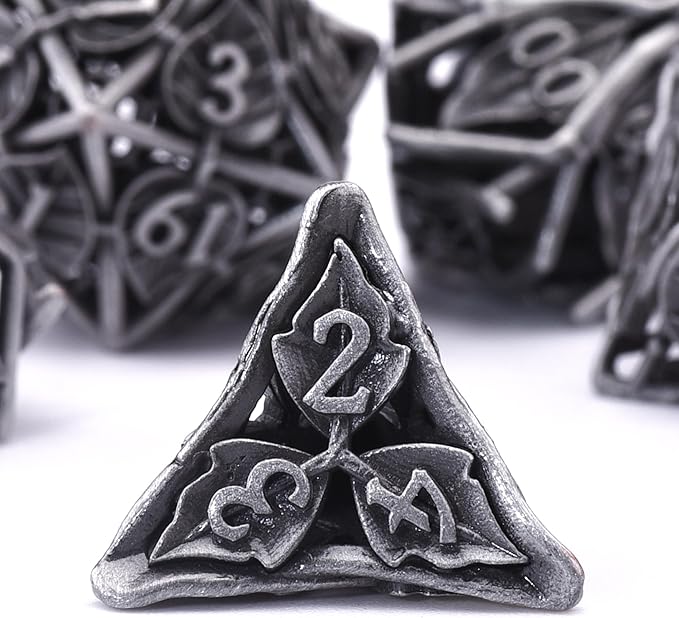 AUSTOR 7 Pieces DND Dice Set Leaf Metal DND Dice Hollow Polyhedral Dice D20 D12 D10 D% D8 D6 D4 Metal Dice with Metal Box for Dungeons & Dragons RPG Board Games(Antique Iron)