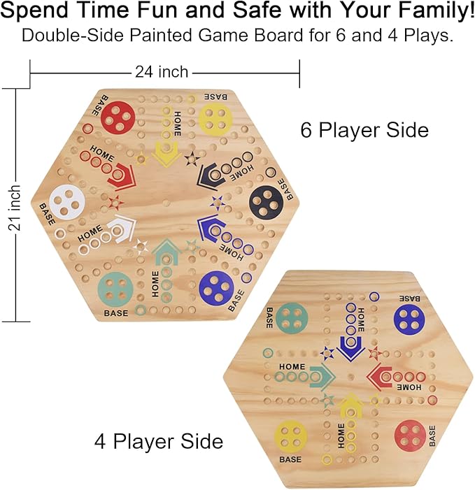 Original Marble Game Wahoo Board Game 24-Inch Double Side Painted Wooden Fast Track Board Game for 6 Player and 4 Player, 6 Colors 36 Glass Marbles 8 Dice for Family Game Night, Friends Party