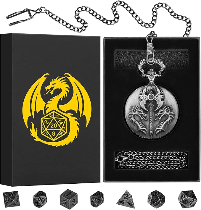 Mini DND Dice Set with Double Headed Dragon(Top Double-Sided Axe) Pocket Watch Case, 7-PCS Polyhedral Metal D&D Dice, DND Gifts with Gift Box, Role Playing Game Board Game Accessories Dice, Silver