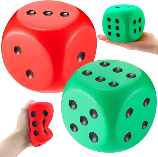 Zomiboo 2 Pcs Large Foam Dice Stress Balls Soft Jumbo 6 Sided Giant Dice Educational Learning Squeeze Anxiety Relieve Toy Gifts for Adults Kids Board Game Classroom(Red, Green,3.93 Inch)