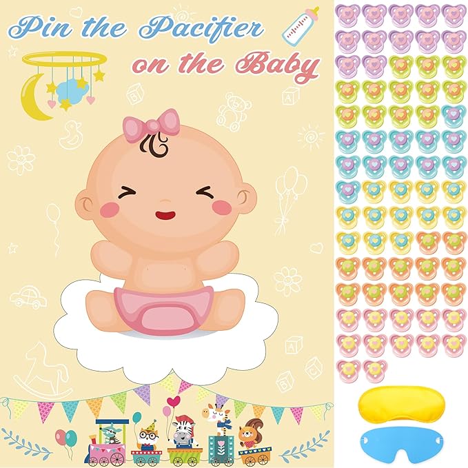 Hooqict Pin The Pacifier on The Baby Game Funny Baby Shower Games for Girls Birthday Party Gender Reveal, Large Baby Shower Activities Poster with 72 Pacifier Stickers