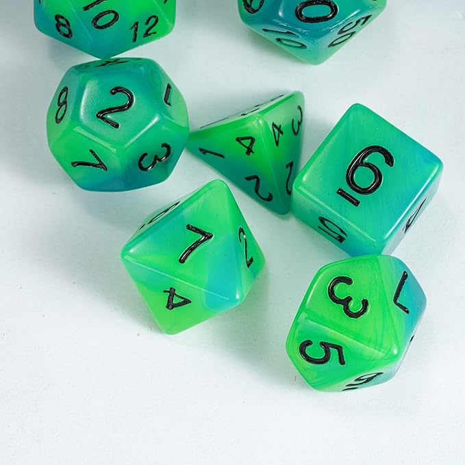Glow in The Dark DND Dice, 7Pcs Luminous Polyhedral Dice Set with Leather Dice Bag, Glowing D&D Dice for Dungeons and Dragons, RPG, MTG Table Games(Green Blue)