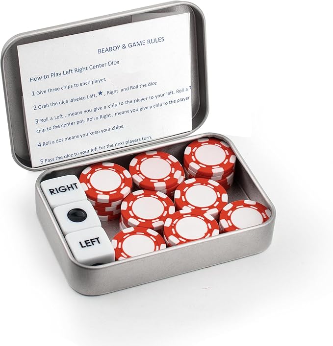 Left Right Center Dice Game Set with 3 Dices + 36 Red Poker Chips and Silver Storage Box