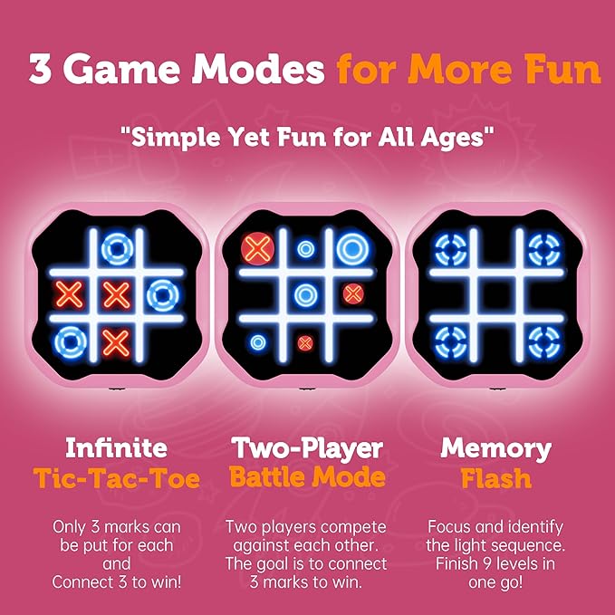 3 in 1 Electronic Tic Tac Toe Game, Handheld Digital Tic Tac Toe Bolt Game with Silent Mode, Portable Learing Toy Gift for Kids & Adults, Pink